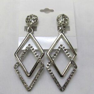 Silver Clear Rhinestone Crystal Dangle Drop CLIP ON Earrings Clip-ons New